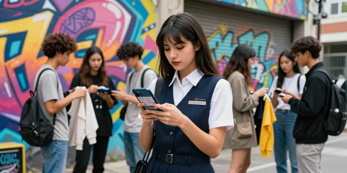 制服買取ラミパスの口コミをスマホで確認する若い女性と友人たちの活気ある街並みのシーン。