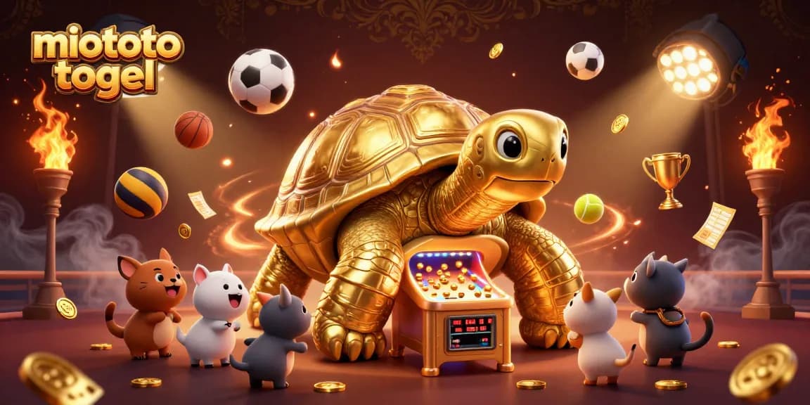 Engage with miototo togel in this vibrant illustration featuring a colossal tortoise pinball machine surrounded by excited animals.