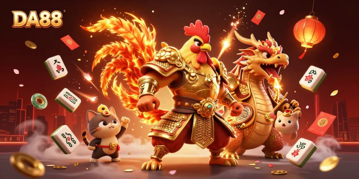 Witness the thrilling action at DA88 with a vibrant 3D casino scene filled with dynamic characters and festive elements.