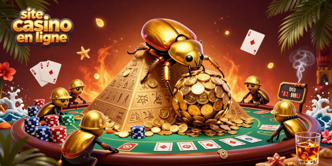 Plongez dans un site casino en ligne captivant avec des scarabées dorés aux rouleaux de poker et aux jetons colorés.