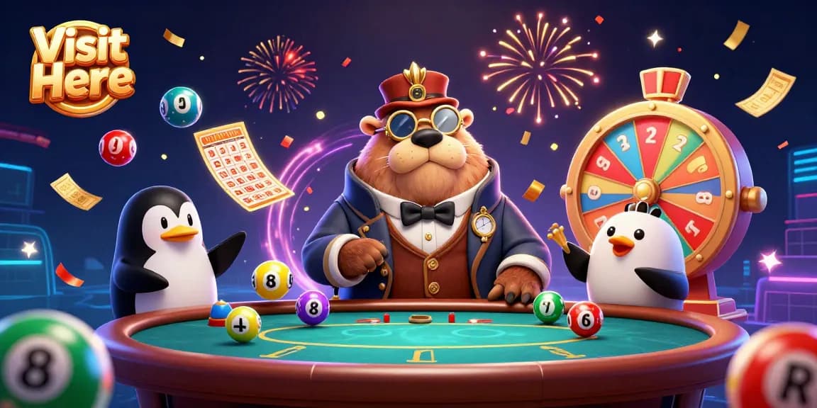 Visit Here to witness the jolly walrus and friends play poker amid vibrant lottery chaos!
