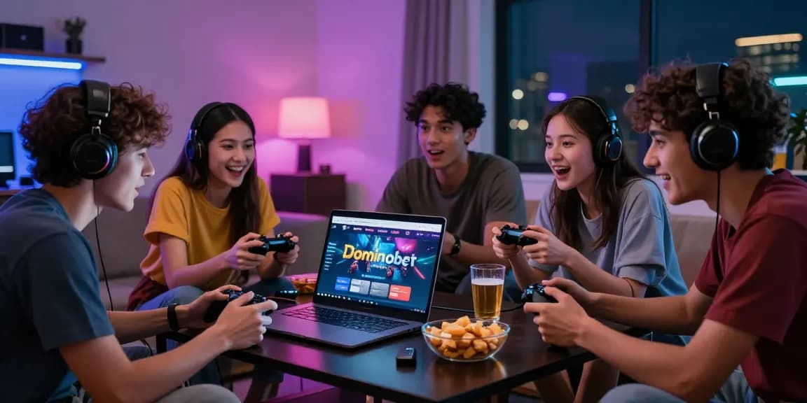 Engaged friends enjoying Situs Resmi Dominobet online gaming together with lively atmosphere.