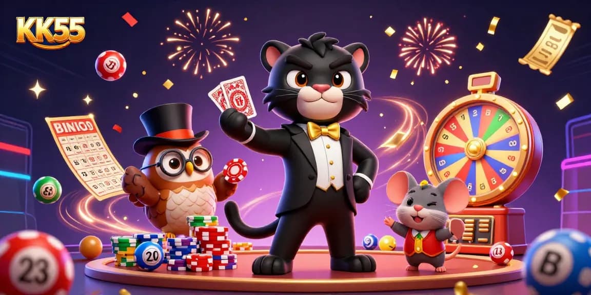 Engage in thrilling casino fun with KK55 featuring a panther dealer, owl with poker chips, and lucky mouse!