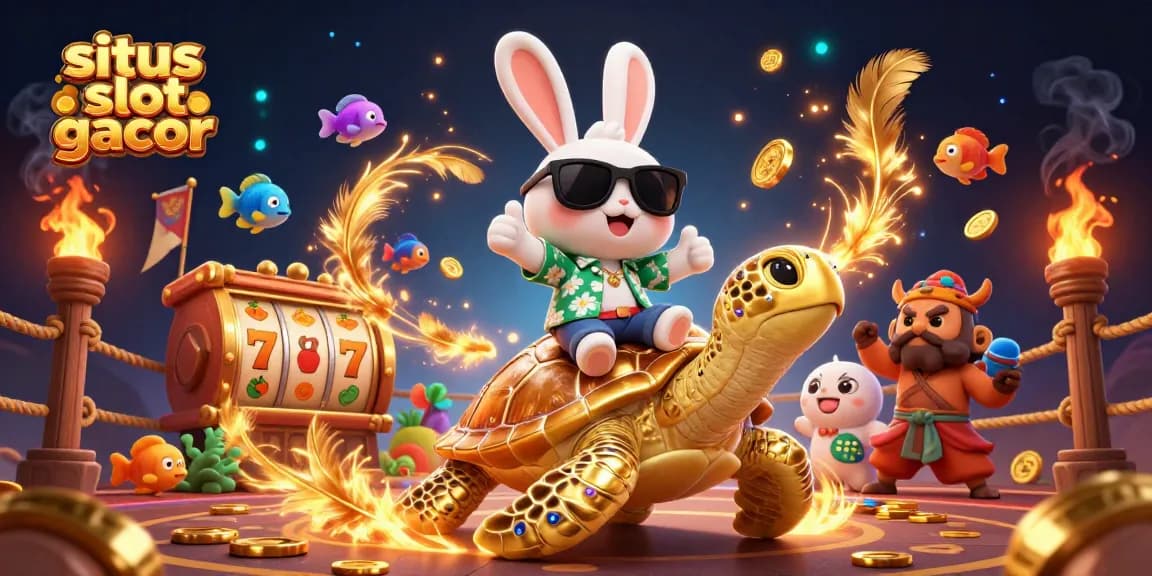 Engage with situs slot gacor featuring a lucky rabbit and golden sea turtle in a dynamic casino scene.