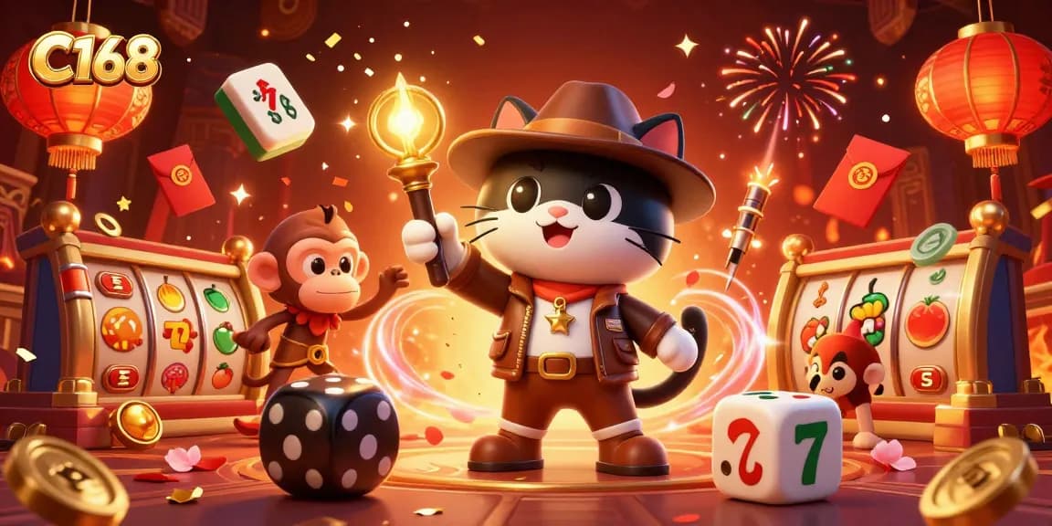 Experience thrilling wins at C168 with an explorer cat discovering casino treasures.