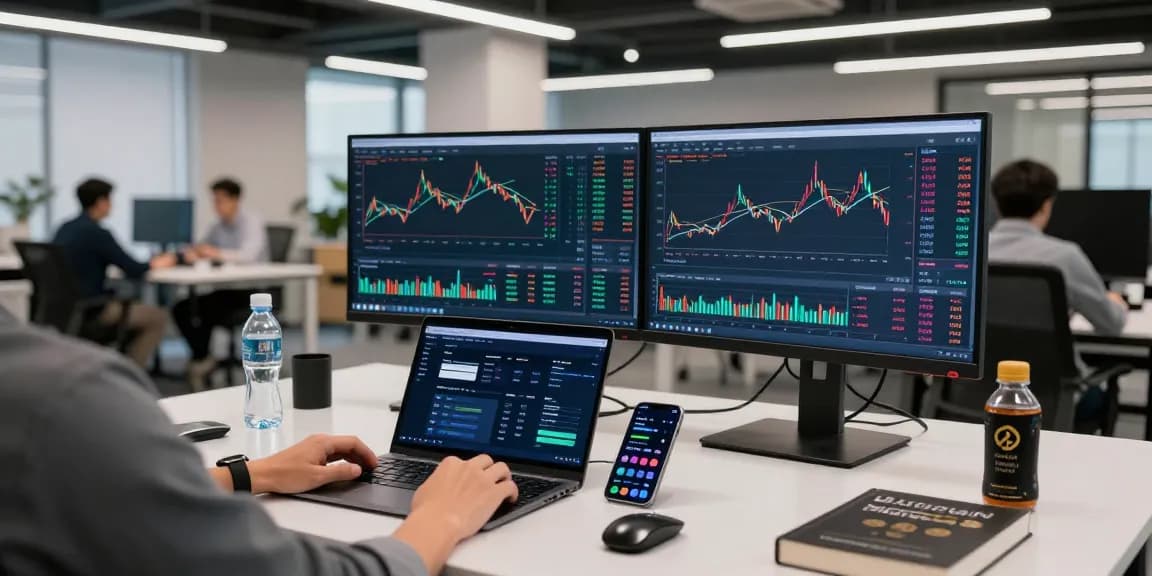 Cricbet99 cryptocurrency trading workspace with monitors showing blockchain data and digital wallet.