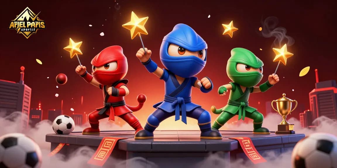 Le visuel dynamique d'une équipe de chameleons ninja animés en action sur le thème des paris sportifs avec "arjel paris sportif".
