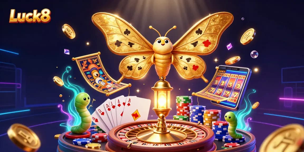 Experience Luck8's thrilling casino world with a vibrant 3D illustration featuring golden moths and casino elements.