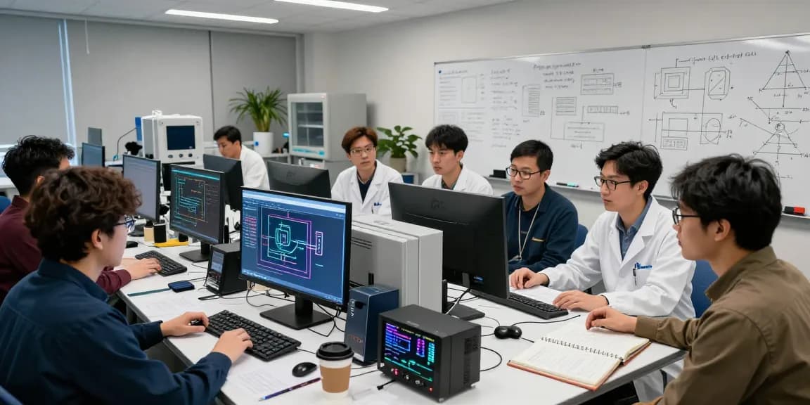 Quantum computing researchers collaborating on cutting-edge technology in a modern lab.