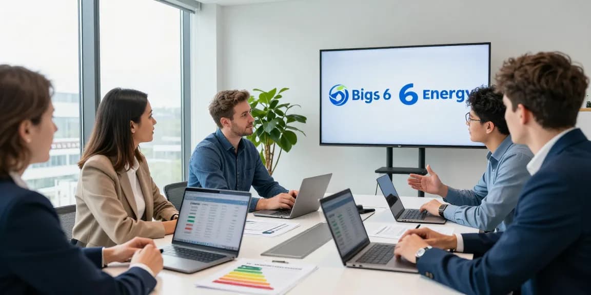Meeting with business experts discussing big 6 energy suppliers in a modern office.