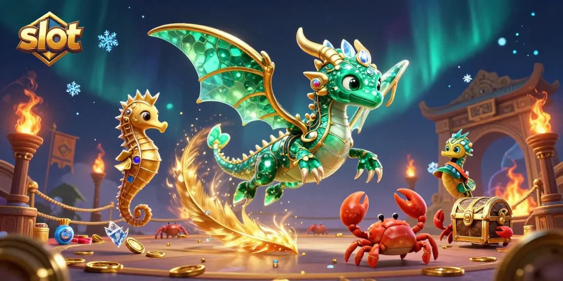 Menangkan slot dengan ilustrasi naga laut 3D dan harta karun mengelilingi koin emas.