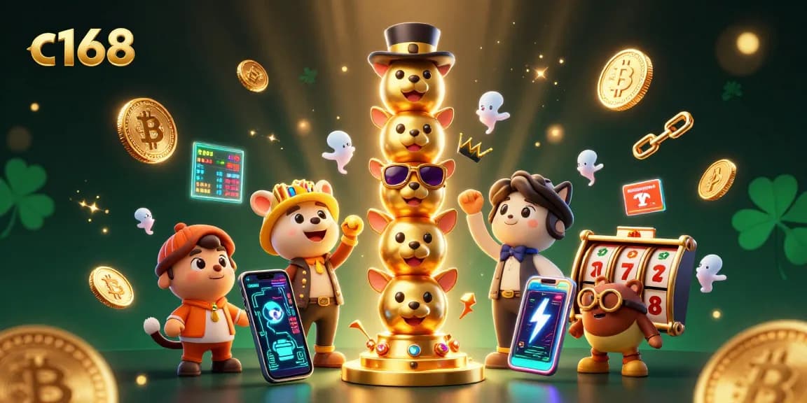 Spin to win with c168 and vibrant slot reels, showcasing exciting casino elements and crypto icons.