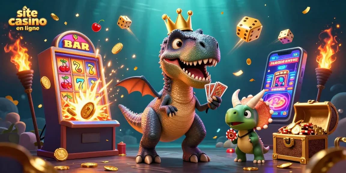 Scènes de jeu dynamiques sur un site de casino en ligne avec des monstres préhistoriques en action.