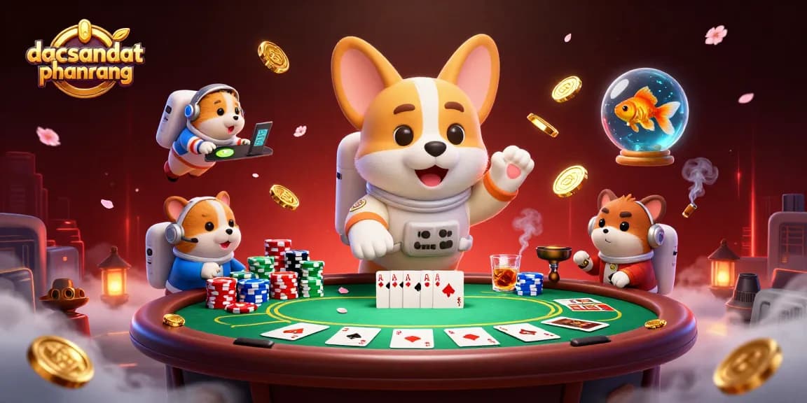Capture the excitement with dacsandatphanrang's vibrant casino-themed scene showcasing a floating astronaut corgi among colorful poker chips and golden coins.
