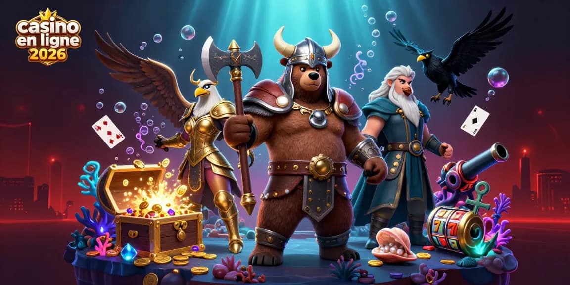 Illustration dynamique mettant en scène le casino en ligne 2026 avec un ours viking et une aigle valkyrie parmi des éléments de jeux de casino.