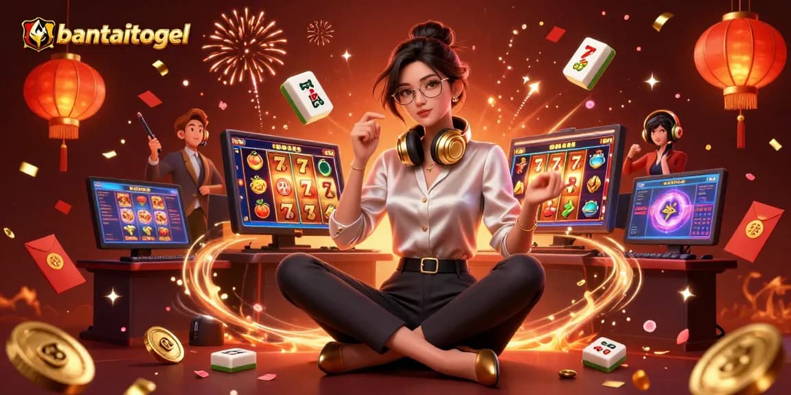 Bantaitogel slot gaming scene showcasing vibrant characters at a high-tech setup.