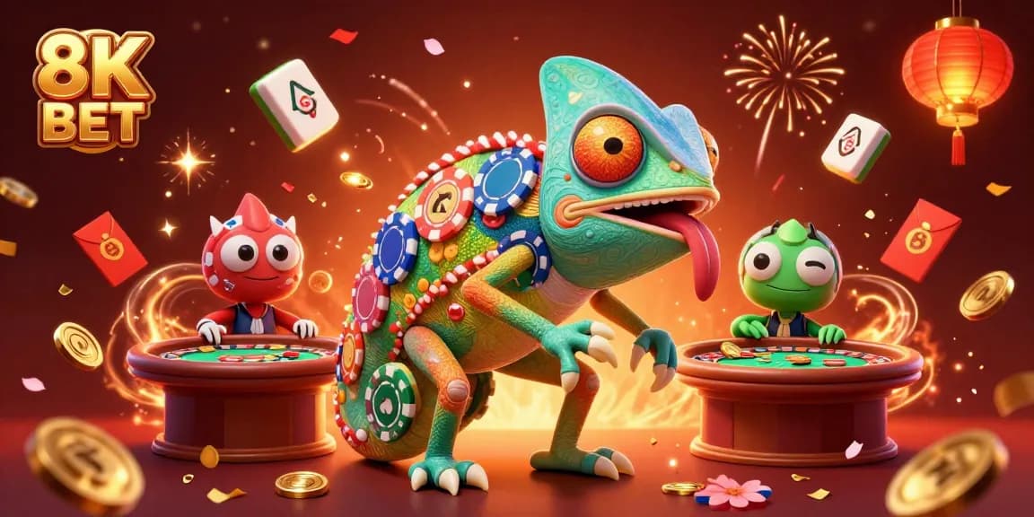 Play at 8K BET with a vibrant chameleon casino owner amidst festive gaming elements.
