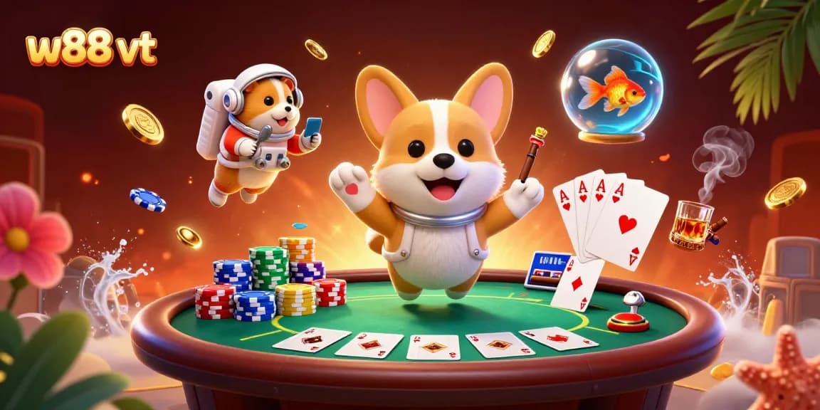 Cá cược thú vị tại w88 vt với hình ảnh chú chó corgi phiêu lưu trong casino không gian.