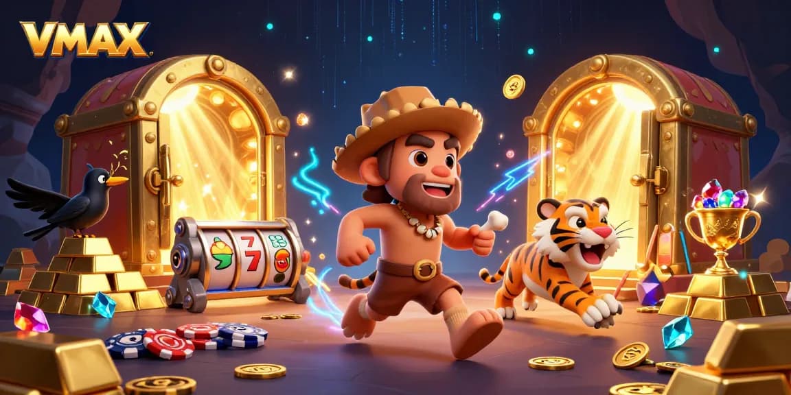 Experience VMAX's thrilling gaming adventure with captivating characters and vibrant casino elements.