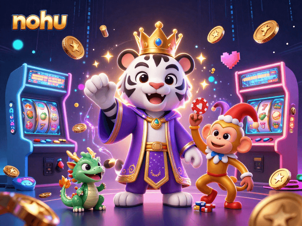 Nohu features a playful scene of slot games with a white tiger, monkey, and dragon symbolizing casino excitement.