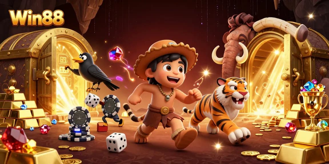 Experience the thrills of Win88 with a vibrant casino scene featuring a caveman duo and treasures.