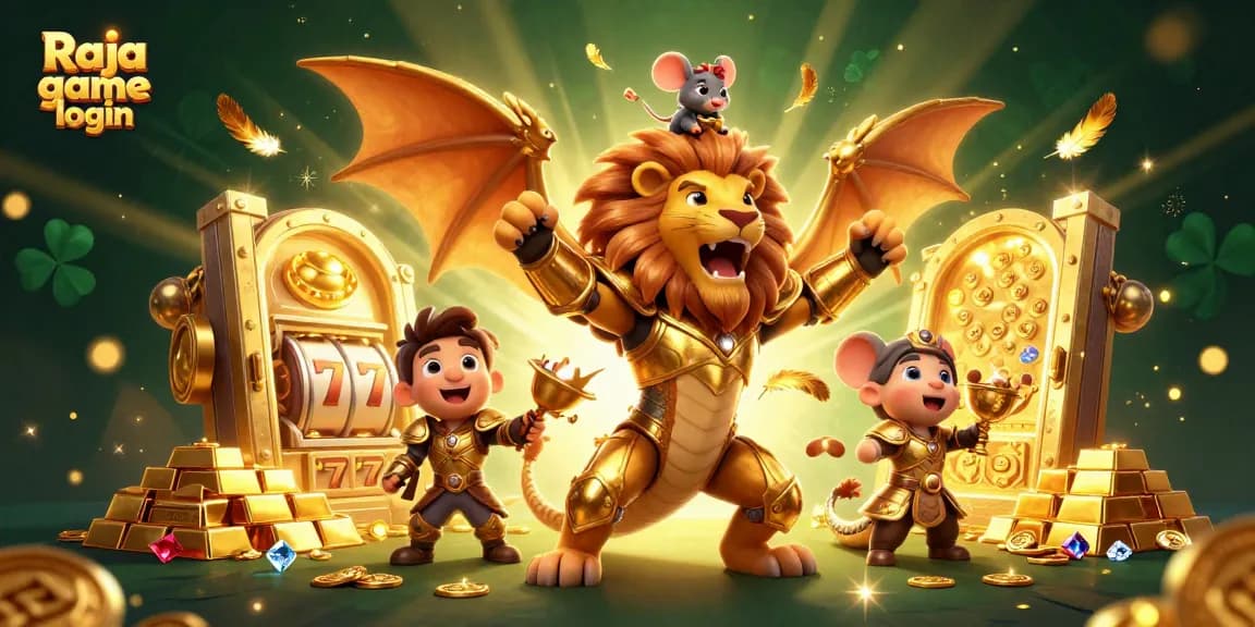 Engage with Raja game login for thrilling gameplay featuring a lion-dragon chimera and treasure.