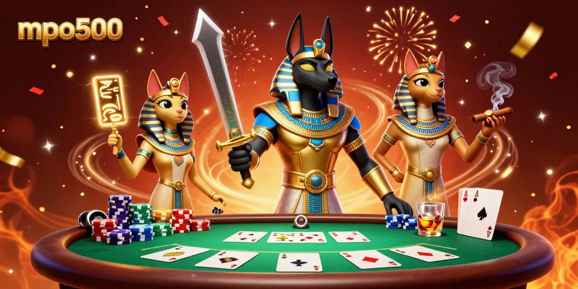 Experience mpo500 with 3D Anubis and Bastet at a vibrant poker table, celebrating wins.