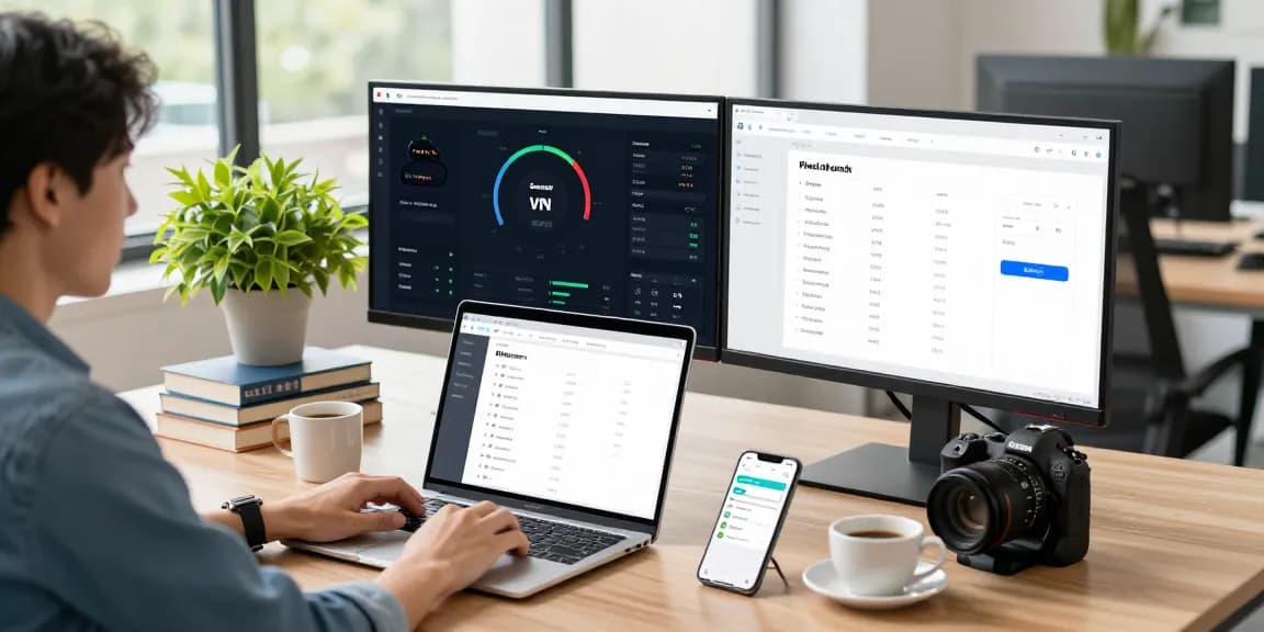 快连 software in use on a laptop in a modern tech workspace, dual monitors displaying analytics for effective network acceleration.