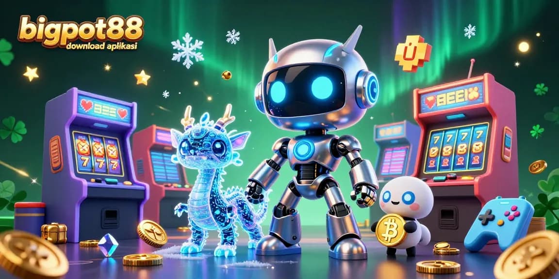 Join the exciting adventure with bigpot88 download aplikasi featuring a vibrant 3D casino scene filled with game machines and animated characters.