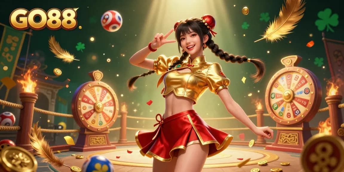 Engage in epic wins at GO88 with a vibrant female dealer among colorful game symbols.