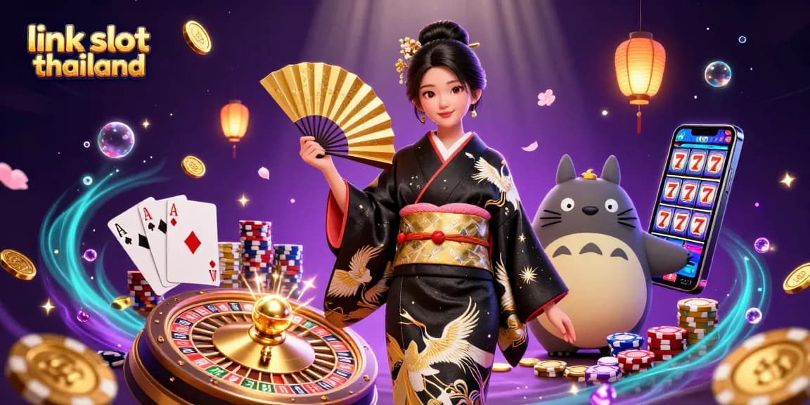 Experience excitement at link slot thailand with an elegant woman in a kimono and a wise tanuki amidst dynamic casino elements.