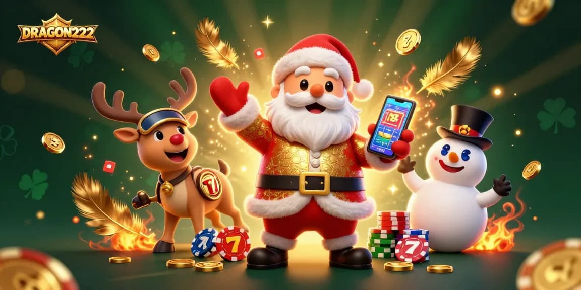 Engage with thrilling gameplay at DRAGON222 featuring festive characters in a vibrant casino setting.