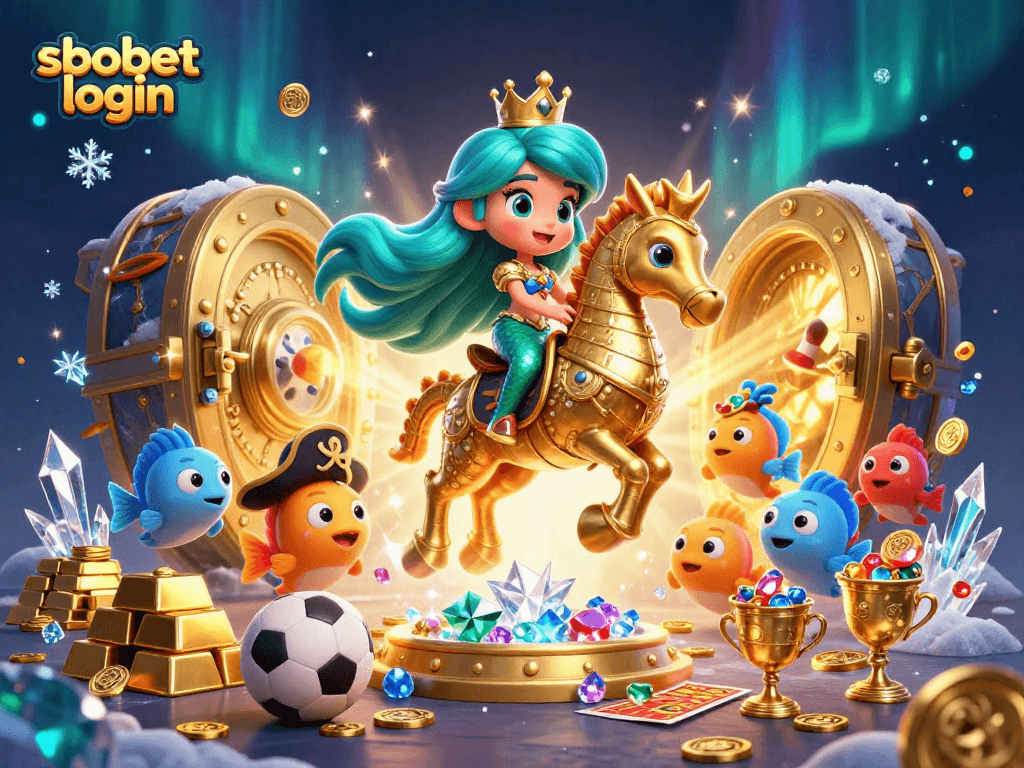 Engage in sbobet login with vibrant sports betting themes, featuring a mermaid princess and seahorse.