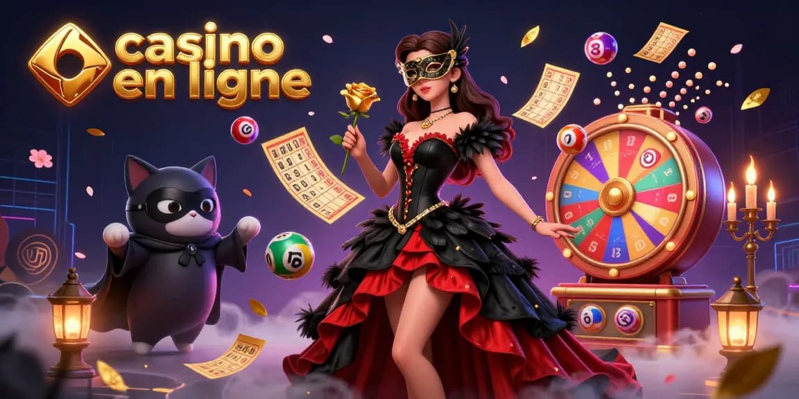 Vivez l'excitation du casino en ligne avec cette illustration 3D vibrante mettant en avant des éléments de loterie dynamiques.