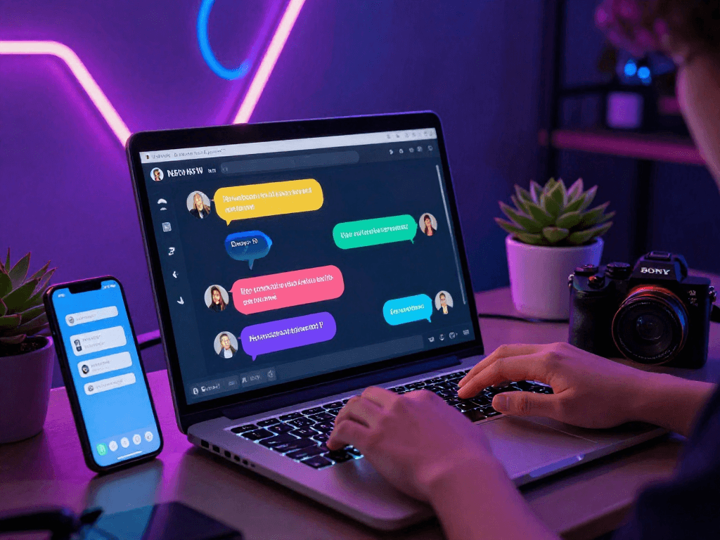 Engaging user with AI NSFW chat on a laptop, vibrant digital interface, modern workspace.