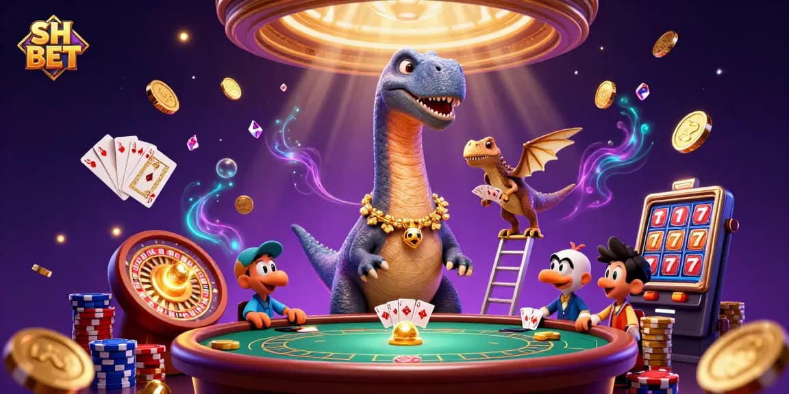 Experience thrilling games at SH BET casino with vibrant brontosaurus and raptor dealer illustration