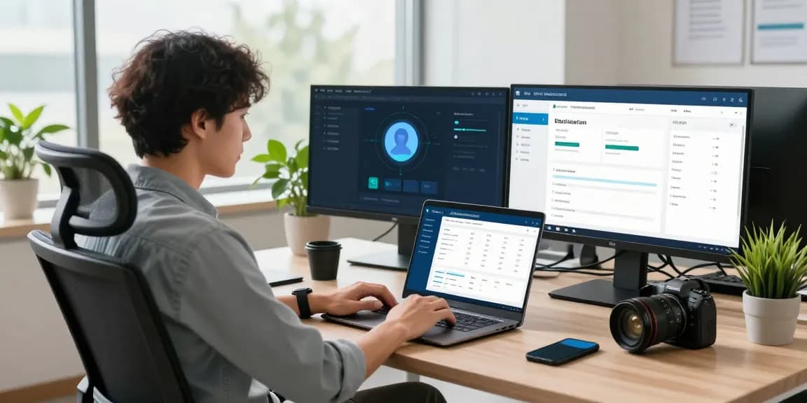Efficient workspace showcasing an age verification system with advanced tech setup.