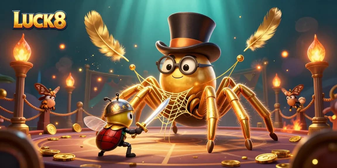 Experience the thrill of LUCK8 with a vibrant casino illustration showcasing a golden tarantula and beetle knight.