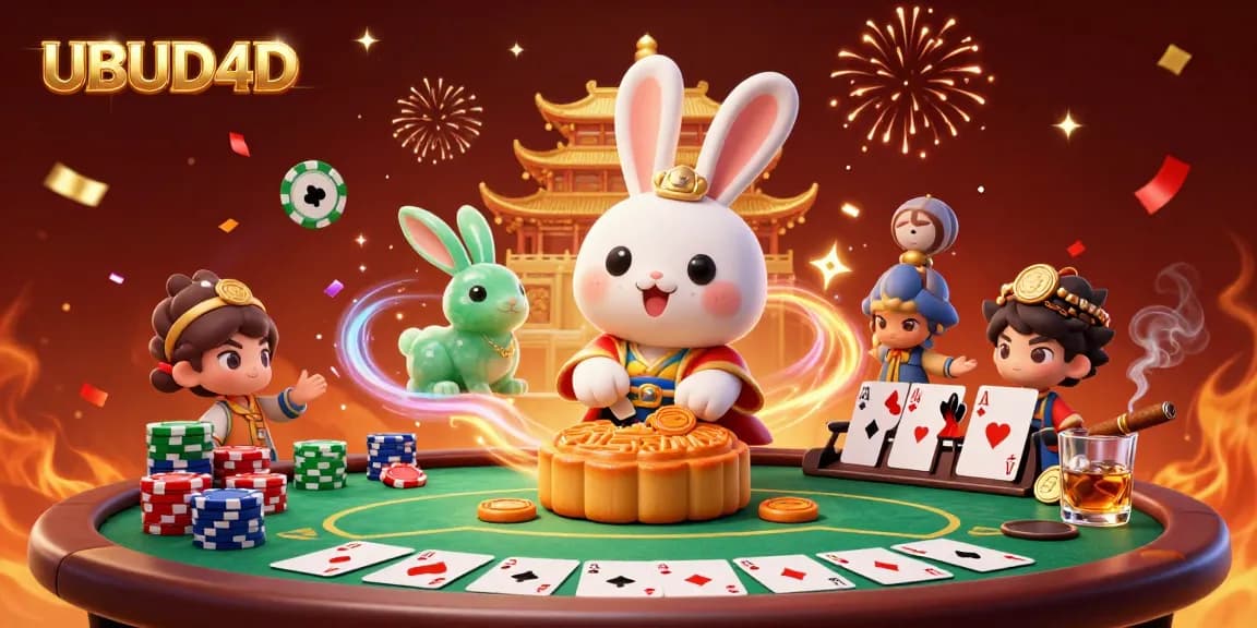 Experience exhilarating casino fun at UBUD4D with a vibrant moon rabbit scene filled with poker chips and golden treasures.