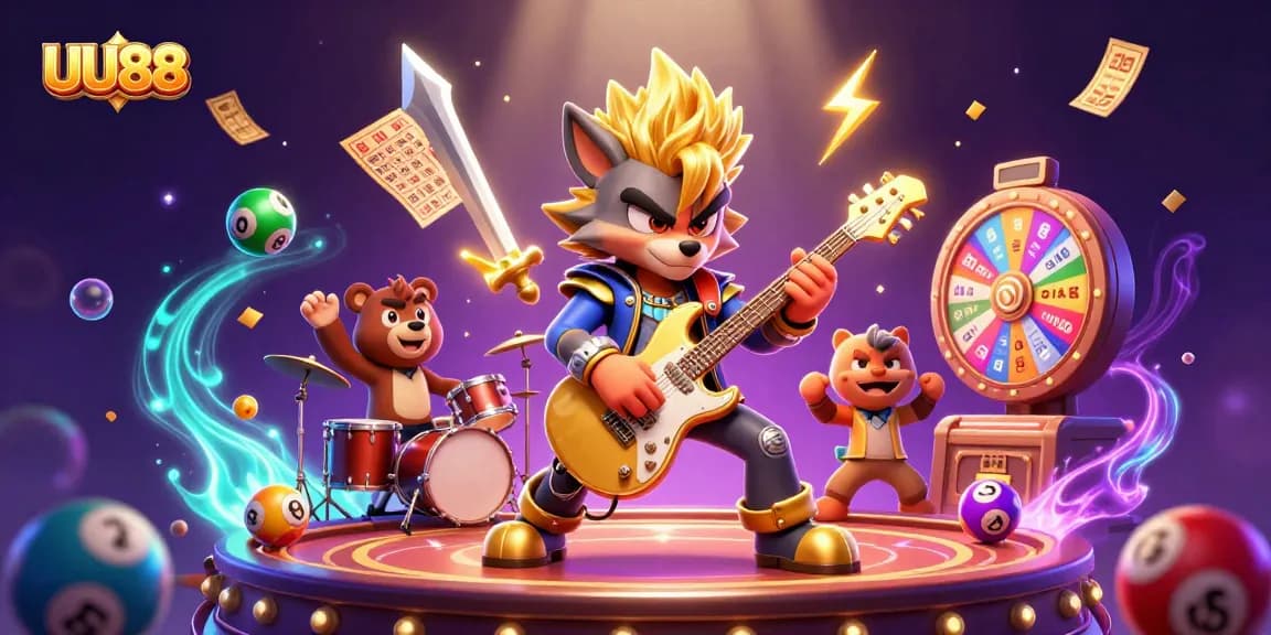 Engaging scene of UU88's rock star wolf playing music, surrounded by vibrant gaming elements.