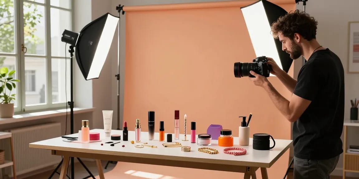 Photographe produits Milan en studio créatif présentant des cosmétiques et accessoires avec lumière douce.