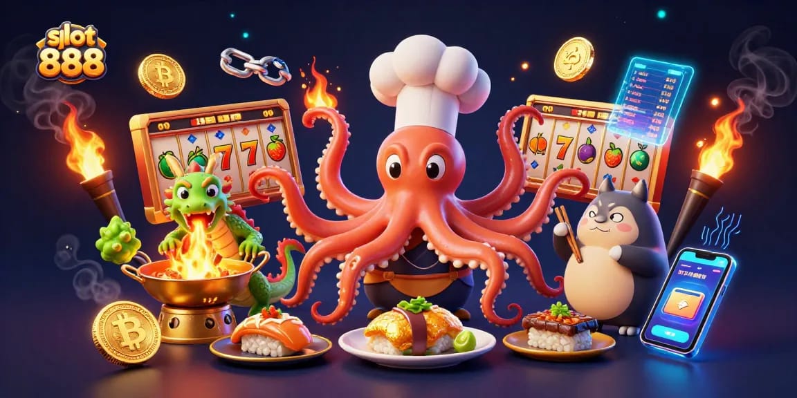 Experience exciting slot 888 gaming with a vibrant octopus chef and dragon, surrounded by colorful game symbols.