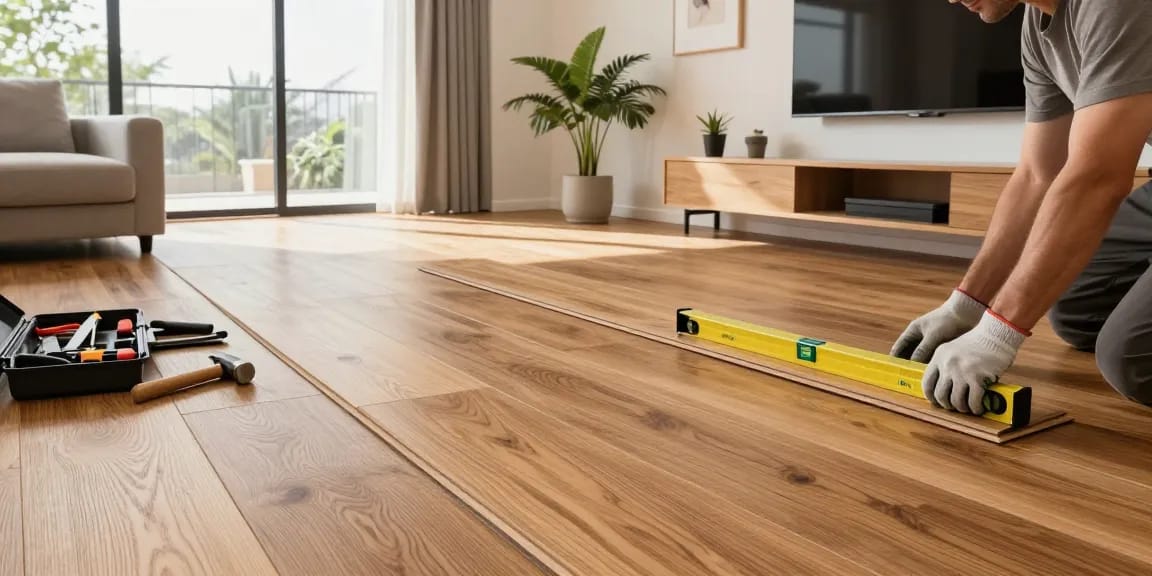 Expert contractor installing flooring software solutions, showcasing modern hardwood floor installation techniques with precision tools.