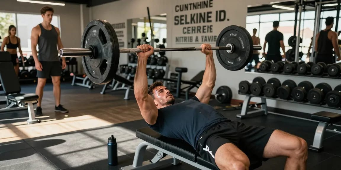 Driada Shop fitness scene showcasing a bodybuilder performing bench press with weights in a motivational gym environment.
