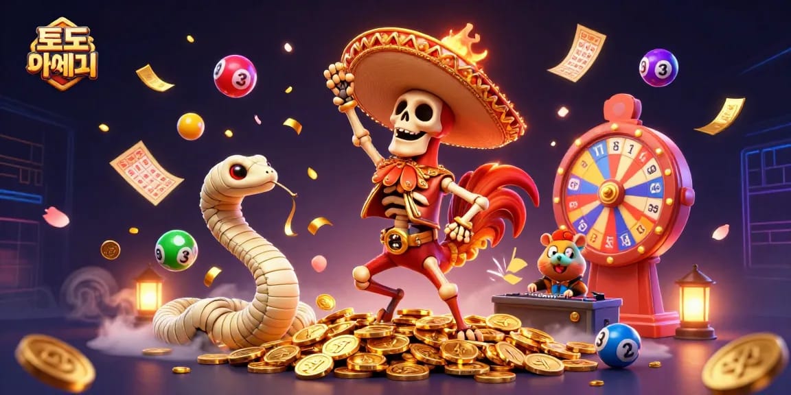 Dynamic illustration depicting 토토사이트 with vibrant game elements, showcasing colorful lottery balls and prestigious prizes.
