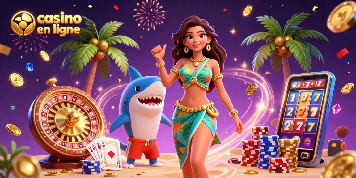 Scène animée mettant en avant un casino en ligne avec une femme glamour, un requin surfeur et des éléments de jeu.