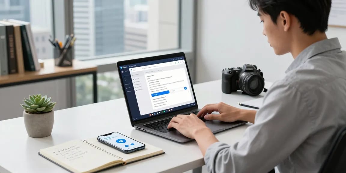 Registering Telegram in China, tech-savvy workspace with laptop and apps.