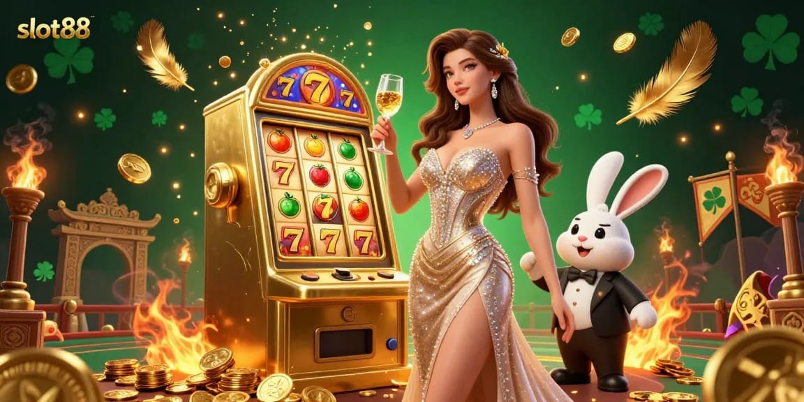 Win big with slot88 at the jackpot slot machine, surrounded by dazzling golden effects and cheerful cartoon elements.