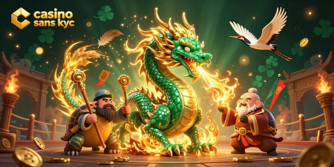 Jouez au casino sans KYC avec un dragon et des éléments de jeu captivants.