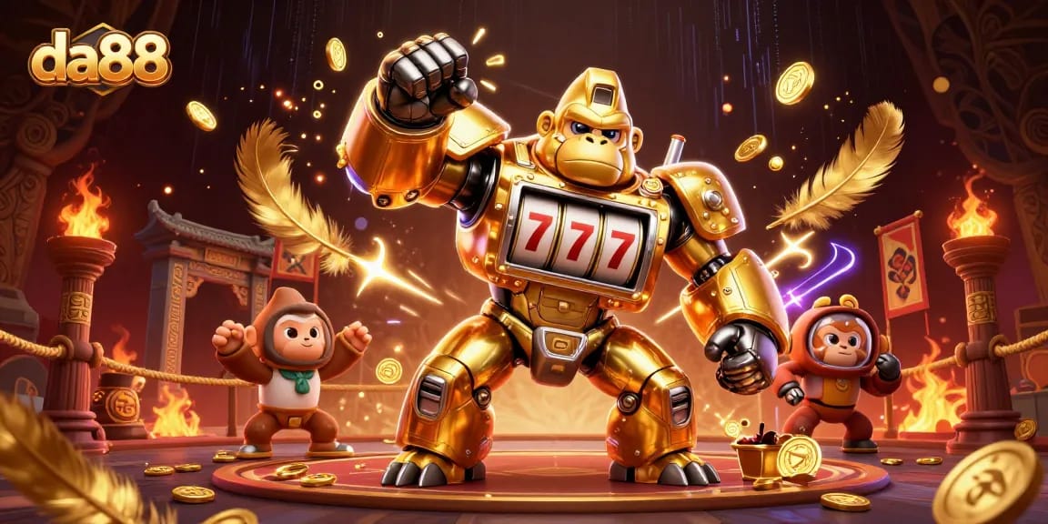 Experience thrilling action with da88's golden gorilla mech and dazzling casino elements.